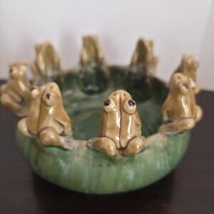 Frog & Lily Pads 6" Chinese Bowl Planter Polychrome Drip Glaze 8 Frogs